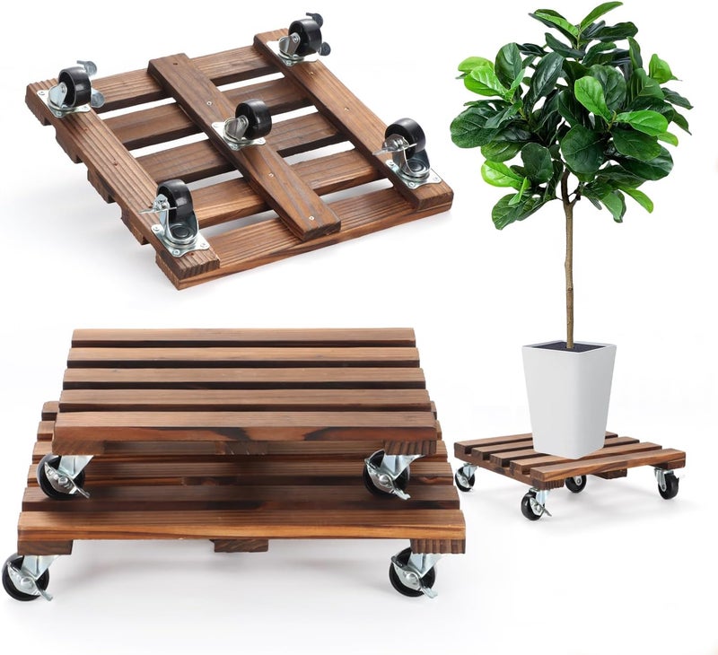 PRAQECZ 2 Pack Plant Caddy with Wheels, 14" + 12" Rolling Plant Stand 264 LBS Heavy Duty Wooden Square Plant Dolly with Metal 360° Lockable Caster Wheels for Outdoor Indoor Large Plant Pots, Flower Pot, Patio - Image 1